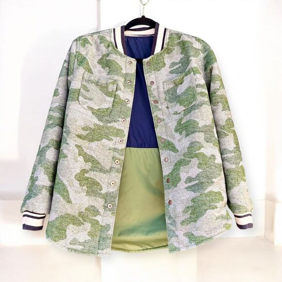 Reversible Camo Bomber Green Blue Varsity Jacket Unisex Mens Small Womens Medium - Picture 1 of 8